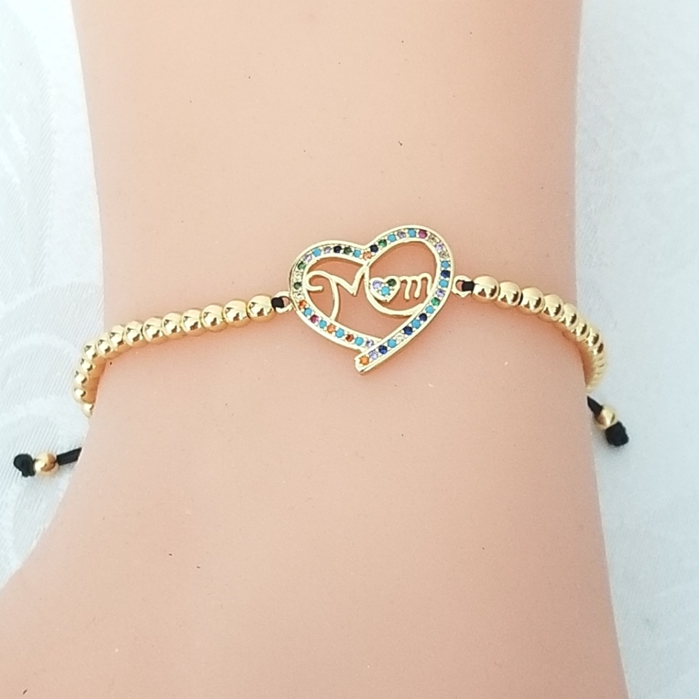 Mom Heart Red String Bracelet. 14K Gold Plated. New